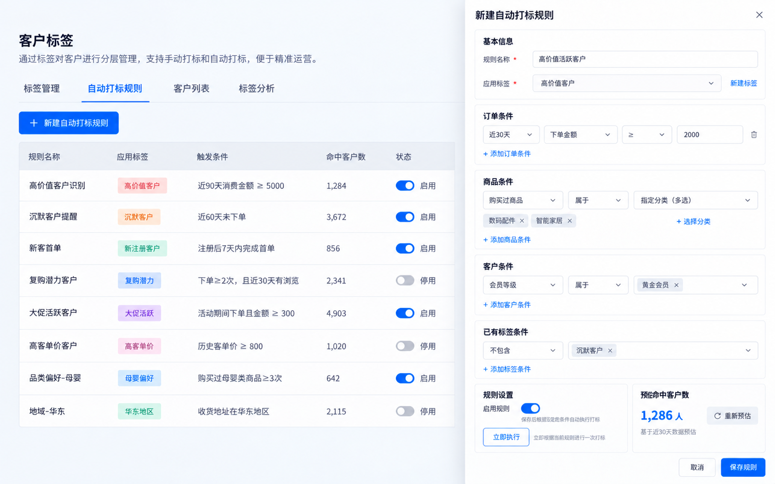 自动打标规则系统界面,展示规则条件和命中人数