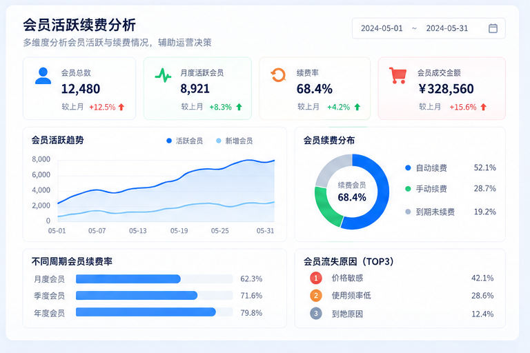 付费会员系统界面，展示活跃会员和续费分析