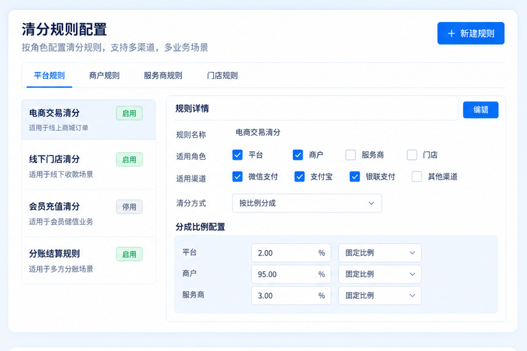 支付清分系统界面,展示多角色清分规则配置