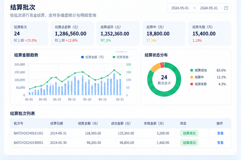 支付清分系统界面,展示结算批次和结算结果