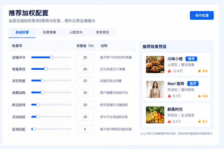 店铺街系统界面，展示店铺加权和推荐配置